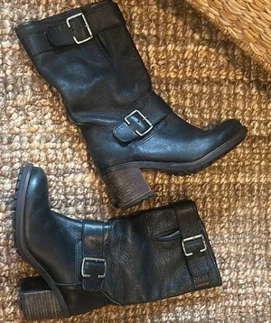 Non Signe Black Leather Buckle Moto Mid Calf Chunky Boots thumbnail 1