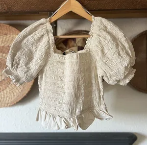 Smocked English Factory top with puff sleeves, neutral cream cottage small thumbnail 1