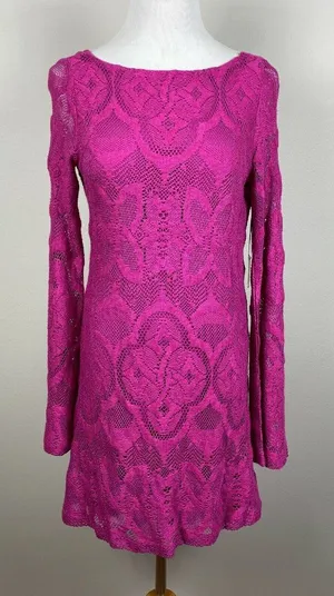 Nightcap Mini Dress Large Pink‎ Lace Open Back Bell Sleeve Boho Boatneck New NWT thumbnail 1
