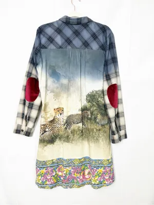 Aratta Silent Journey Cheetah Shirt-Dress Plaid Mixed Media Boho Bohemian thumbnail 3