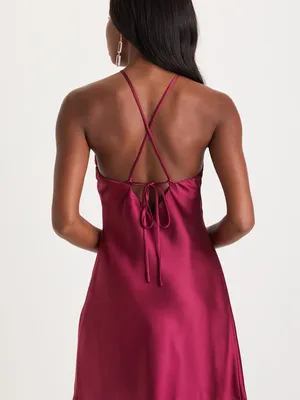 Lulu's Magenta Satin Rosette Halter Dress with Rosette thumbnail 6
