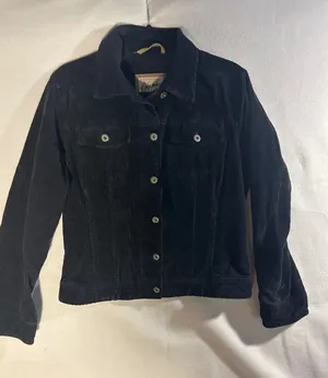 Columbia Blues Womens Black Corduroy Trucker Jacket Stretch Y2KSize M 0207AL thumbnail 1