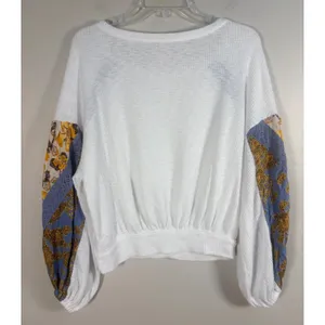 Free People Waffle knit Top XS White Excellent Mixed Media Floral Balloon Sleeve thumbnail 2