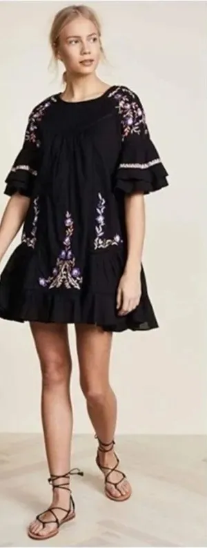 Free People Black Pavlo Embroidered Cottagecore Boho Mini Babydoll Dress thumbnail 1