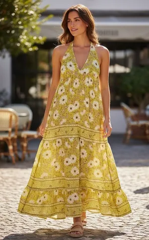 NWT BAND OF THE FREE Keahi Lime and Cream Floral Halter Maxi‎ Dress - small thumbnail 1