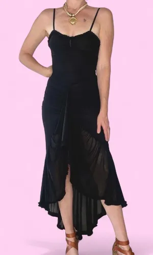 Asymmetrical Ruffle Hem Ruched Mesh Hi-Low Black Glam Party Dress thumbnail 1