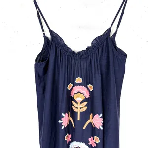 Anthropologie Malika Embroidered Dress Low Scoop Back Ruffle Hem Navy Blue XS thumbnail 11