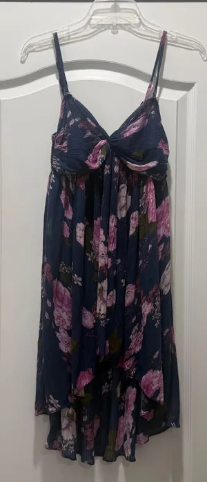 Free People Floral High-Low Dress Navy Pink Twisted Sweetheart Smocked Back sz M thumbnail 1