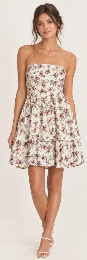 Altar'd State Ivory Strapless Floral Tiered Mini Dress Size Large thumbnail 1
