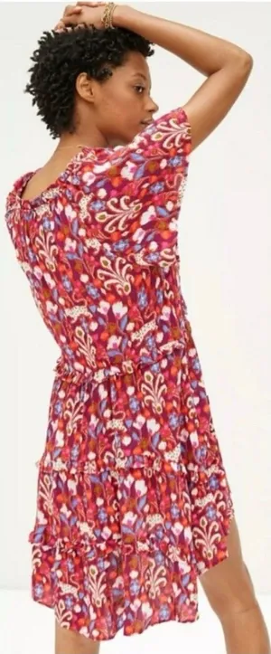 Anthropologie Red Pink Robin Floral Ruffle‎ Tiered V-Neck Mini Dress Size XS thumbnail 1
