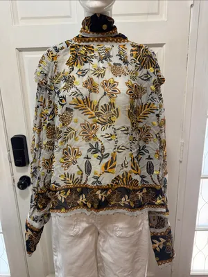 Farm Rio Silver Metallic Floral Beehive Tapestry Long Sleeve Blouse Size Medium thumbnail 3