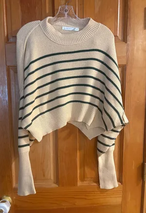 Altar'd State Cream & Dark Green Striped Cropped Crew Sweater thumbnail 1