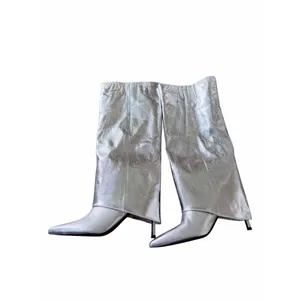 Open Edit Tall Boot in Silver Metallic Size 7.5 Stiletto Heel‎ Pointed Toe thumbnail 5