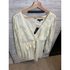 Lulus Cream Jacquard Long Sleeve Mini Dress Metallic Gold Floral Shimmer M thumbnail 3