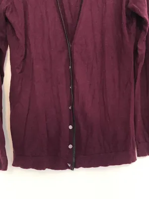 ANN TAYLOR Plum Purple Vegan Faux Leather Trim Button Down Cardigan Sweater M thumbnail 3