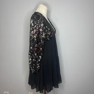 She + Sky - Mesh Long Sleeve Black Dress with Sequin Floral Details thumbnail 3