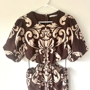 Abercrombie & Fitch Short Puff Sleeve Cutout Maxi Dress Brown Tan Floral Pattern thumbnail 6