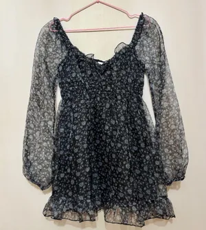 All in Favor Organza Long Sleeve Lined Puff Sleeve Ruffle Mini Dress Floral XS thumbnail 2
