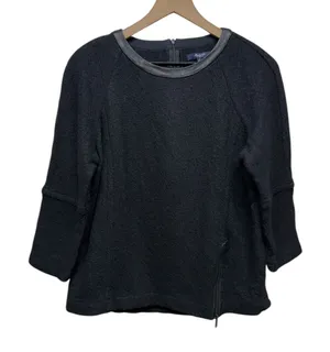 Madewell Sweater Women Sz L Black Wool Leather Trim Zipper Pullover 3/4‎ Sleeve thumbnail 1