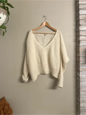 Free People‎ Cream V-Neck Textured Knit Sweater thumbnail 2