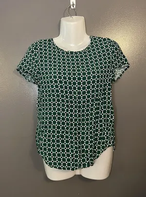 H&M Shirt Womens Small Green White Geometric Print Short Sleeve Keyhole Blouse thumbnail 1