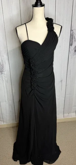 Faviana Couture Size 8 Long Maxi Dress Rosette Pleated Prom Formal Black Vintage thumbnail 1