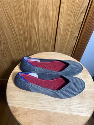Rothy's Gray Knit Slip-On Flats with Red Insole and Blue Trim thumbnail 2