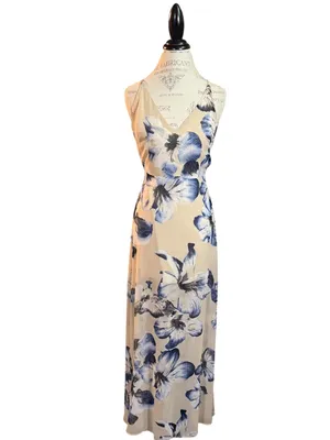 LUSH Long Ivory & Blue Floral Maxi Dress Sz S thumbnail 11