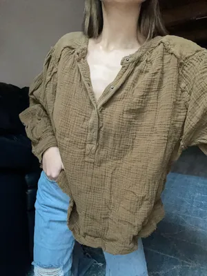 We The Free forest green oversized soft linen long sleeve Henley flowy top thumbnail 1