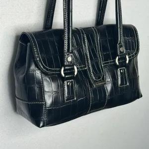 Liz Claiborne Y2K Black Croc Embossed Double Handle Shoulder Bag Purse thumbnail 5