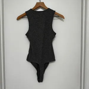 American Eagle | Women's Charcoal Grey Ribbed Crew Neck Sleeveless Bodysuit, S thumbnail 2