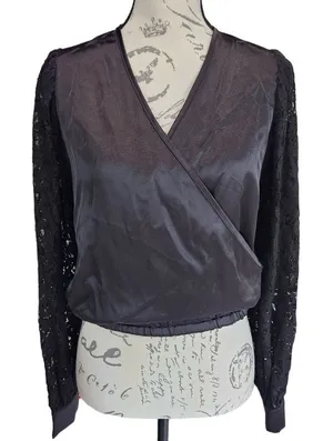 Pleione -511‎ NWT Black Faux Wrap Dressy Top Lace Sleeves Small thumbnail 1