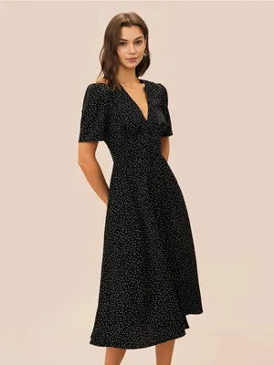 Rihoas Black V Neck Polka Dot Midi Dress thumbnail 3