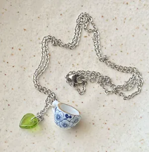 Handmade porcelain tea cup & Czech glass leaf unique fun fairy antique style dangle earrings🫖🍃🌀 thumbnail 8