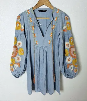 Zara gingham Plaid Embroidered Mini Dress Floral Balloon Sleeves Sz Small thumbnail 2