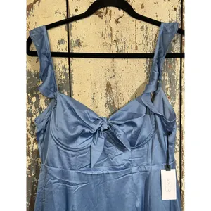 NWT ASTR The Label SKY BLUE Satin MARLA Flutter Sleeve BUST TIE Mini DRESS L thumbnail 4
