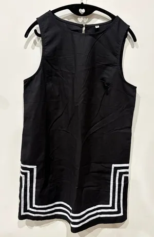 Linen Cotton Blend Sleeveless Black Mini Shift Dress with White Geometric Hem M thumbnail 1