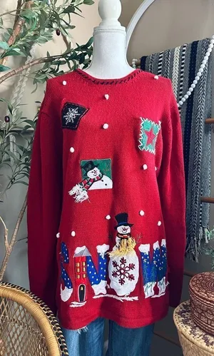 Vintage 90s Holiday Editions Christmas Whimsical Snowman Ugly Sweater thumbnail 1