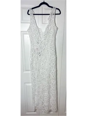 PrettyLittleThing White Flower Crochet Plunge Beach Cover Up Maxi Dress XL NWT thumbnail 8