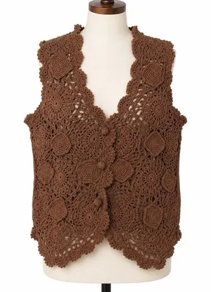 Vintage Hand Knitted OS Crochet Vest Boho‎ Cottage 90s Y2K Brown Earthy Hippie thumbnail 1