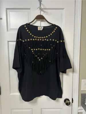 Vintage Black Fringe Top with Gold Stud Accents thumbnail 2