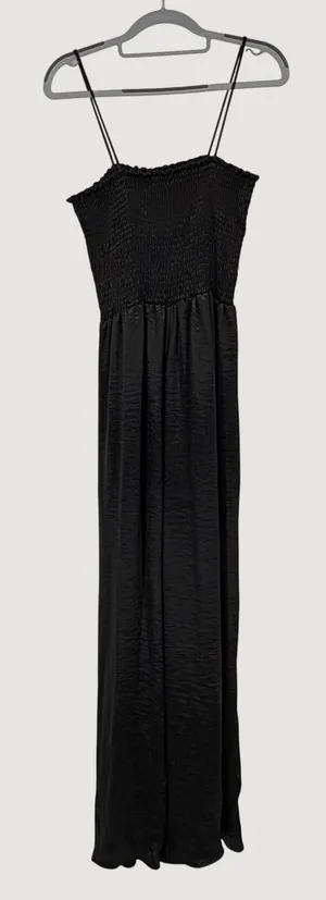 Blue Buttercup Black Smocked Satin Maxi Jumpsuit Wide‎ Leg Spaghetti Strap USA thumbnail 1