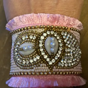 Handmade wide beaded cuff bracelet w/rhinestones and pink fringe thumbnail 3