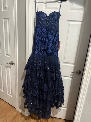 Navy Blue Strapless Sweetheart Mermaid Pleated Layered Long Prom Dress With Slit thumbnail 7