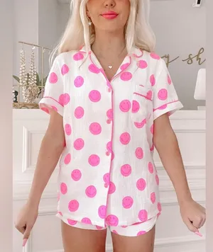 Sassy Shortcake Smiley Dreams Pink Preppy Cotton Pajama Set size medium thumbnail 1