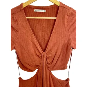 Abercrombie & Fitch Brown Ribbed Knit Cutout Ruched Mini Dress Womens Size M thumbnail 5