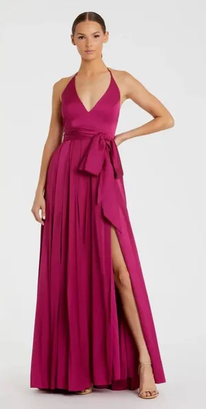 MAC DUGGAL Dark Purple Halter Neck Charmeuse Gown Size 6 thumbnail 1