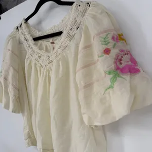 Free People Bohemia Embroidered Peasant Top XS Cream Boho Puff Sleeve thumbnail 7