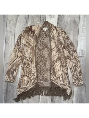 Lucky Neutral Boho Folk Aztec Western Fringe Open Front Cardigan size small thumbnail 8