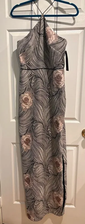 Aidan Mattox maxi jersey floral dress gown wedding guest 6 black taupe new thumbnail 1